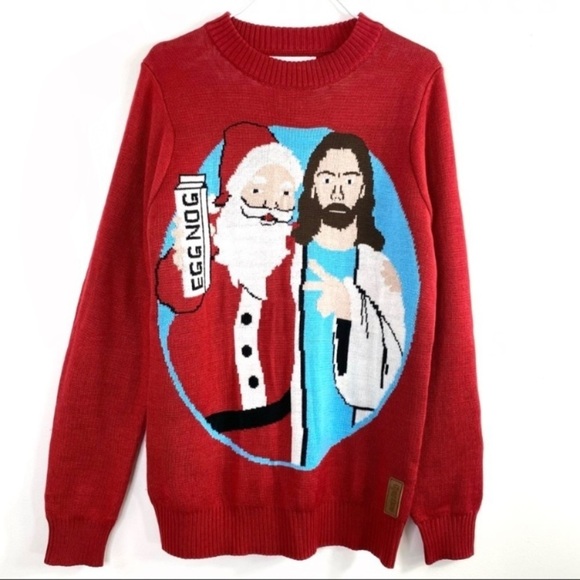 TIPSY Elves Santa with Jesus Egg Nog Christmas Ugly Sweater in Red - Picture 2 of 8